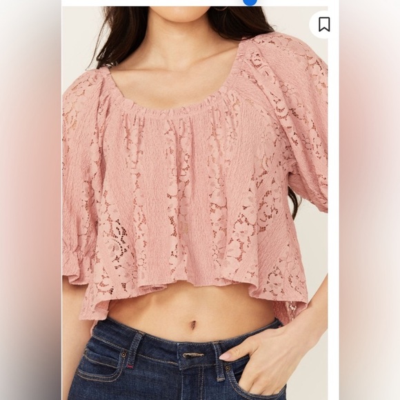 Free People Stacey Lace Blush Crop Puff Sleeve Relaxed Fit Top Size Small - Picture 7 of 15